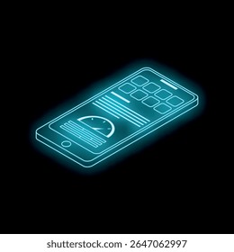El smartphone azul brillante futurista que muestra el App del velocímetro y los iconos del menú en el fondo negro, vista isométrica