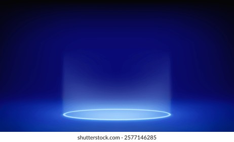 Futuristic glowing blue stage, studio. Empty room, circular neon lighting in floor. Product levitates, hangs. Blue background. Displaying products, presentation. Showcase. Backdrop. Vector