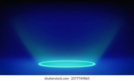 Futuristic glowing blue stage, studio. Empty room, circular cyan neon lighting in floor. The product levitates, hangs. Background. Displaying products, presentation. Showcase. Backdrop. Vector