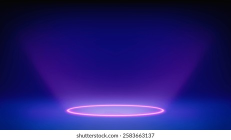 Futuristic glowing blue stage, studio. Empty room, circular purple neon lighting in floor. The product levitates, hangs. Background. Displaying products, presentation. Showcase. Backdrop. Vector