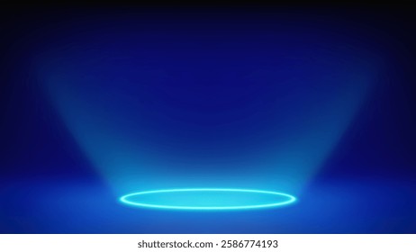 Futuristic glowing blue stage, studio. Empty room, circular cyan neon lighting in floor. The product levitates, hangs. Background. Displaying products, presentation. Showcase. Backdrop. Vector