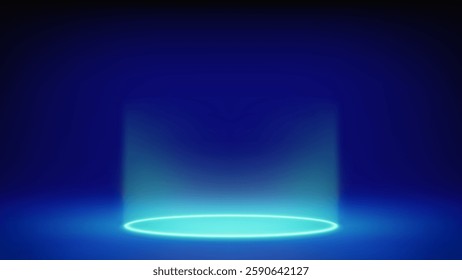 Futuristic glowing blue stage, studio. Empty room, circular cyan neon lighting in floor. The product levitates, hangs. Background. Displaying products, presentation. Showcase. Backdrop. Vector