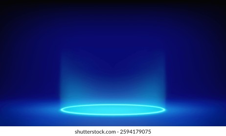 Futuristic glowing blue stage, studio. Empty room, circular cyan neon lighting in floor. The product levitates, hangs. Background. Displaying products, presentation. Showcase. Backdrop. Vector