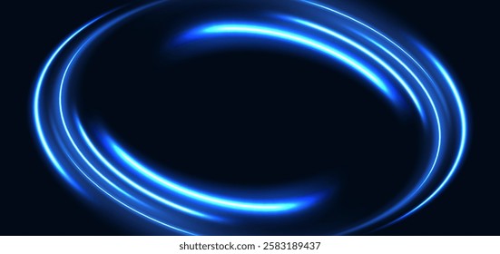 Futuristic glowing blue swirl rays on dark blue background. Hi-speed night effect blur speed motion moving. Vector illustration