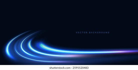 Futuristic glowing blue swirl rays on dark blue background. Hi-speed night effect blur speed motion moving. Vector illustration