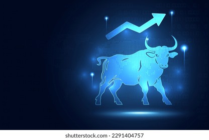 Futuristic glowing Bullish rising stock market blue abstract background. Increasing and success of currency value theme. Business trading financial and startup investment concept. Vector illustration