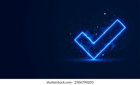 Futuristic glowing check mark with plexus lines and glitter particles. Tick symbol in the blue neon light style. 3D abstract low poly copy space in the dark background