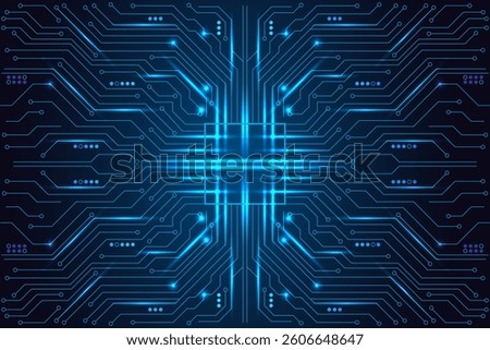 Futuristic glowing circuit board with AI microchip on dark blue background. Artificial intelligence, cybersecurity, and digital technology concept. Abstract vector illustration. 