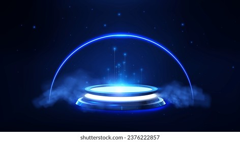 Futuristic Glowing Circular Platform with Rising Light Beams in a Deep Blue Cosmic Atmosphere. Empty blue podium floating in the air with blue neon ring. Colored neon vector illustration