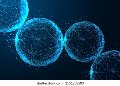 Banner web de esferas futuristas brillantes y conectadas sobre fondo azul oscuro, línea de bajo estilo poligonal. 
