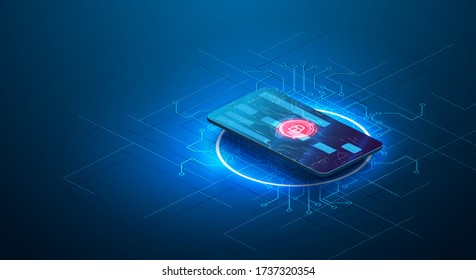 Futuristic glowing credit card isolated on dark blue background. Online payment. Business, financial concept. Can use for web banner. Secure payment, payment protection concepts. Credit card with lock