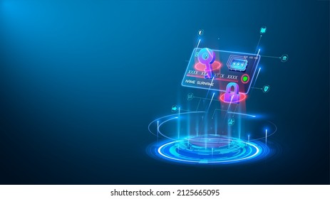 Futuristic glowing credit card, on a blue background, hologram. Online payment, protection, security. Can be used for a web banner. Secure payment, payment protection concepts. Credit card with lock