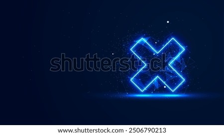 Futuristic glowing cross mark with plexus lines and glitter particles. The wrong symbol is in the blue neon light style. 3D abstract low poly copy space in the dark background