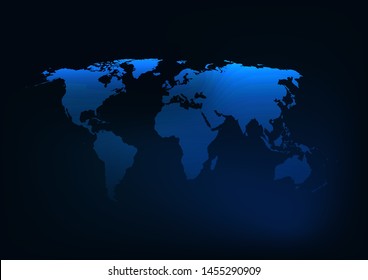 Futuristic glowing dark blue world map silhouette. Digital map template for business, media, foreign affairs, international connection. Modern design vector illustration.