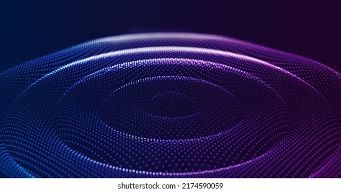 Futuristic Glowing Digital Wave. Digital Water Drop Concept. Water Circle Ripples Particles Background. Modern Wireframe Mesh Vector Illustration.