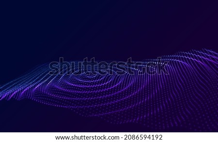 Futuristic Glowing Digital Wave. Water Drop Concept. Water Circle Ripples Particles Background. Modern Wireframe Mesh Vector Illustration.