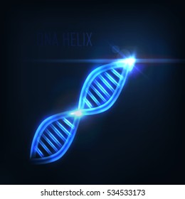 Futuristic glowing DNA helix with lens flare effect . Rays of lights . Vector science illustration . Biochemistry concept .