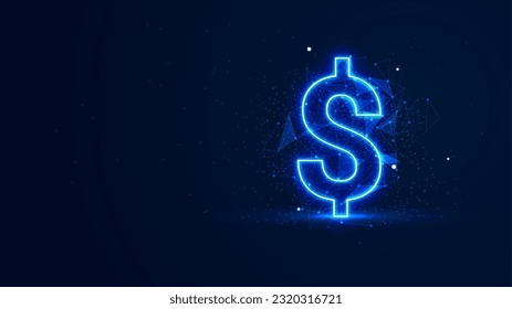 Futuristic glowing dollar sign with plexus lines and glitter particles. A dollar symbol in the neon light style. 3D abstract copy space in the night concept. Digital technology background