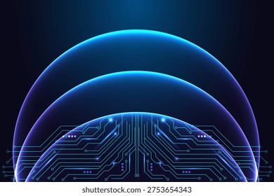 Futuristic glowing domes covering circuit board, symbolizing AI protection, digital shield, and smart system security. Neon blue vector illustration of cyber safety and intelligent defense.