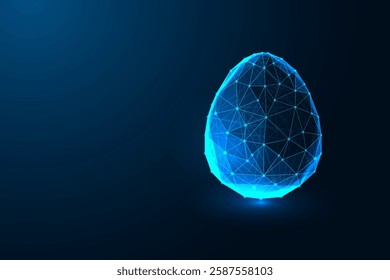 Futuristic glowing egg created with an abstract wireframe design on dark blue background. New beginnings, growth, and potential abstract concept. Easter web banner. Low polygonal vector illustration