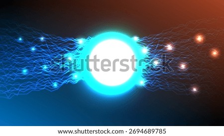Futuristic glowing energy sphere radiating blue and orange light with flowing digital wave lines, vector illustration