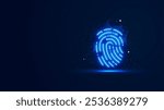 Futuristic glowing fingerprint with plexus lines and glitter particles. Biometric in the neon light style. 3D abstract copy space in the night view. Digital technology background