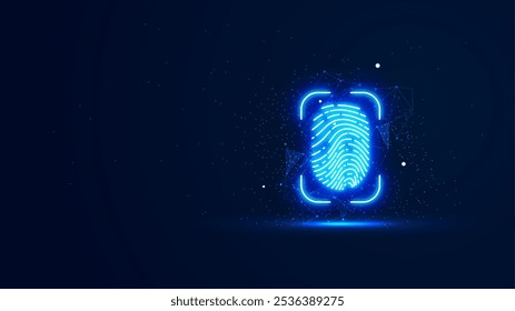 Futuristisch glühender Fingerabdruck mit Plexuslinien und Glitzerpartikeln. Biometrisch im Neonlicht-Stil. 3D abstrakter Kopienraum in der Nachtansicht. Digitaler Technologiehintergrund