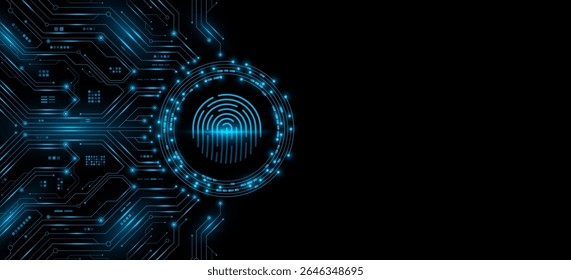 Futuristic glowing fingerprint scanner on a digital circuit board background. Hi-tech biometric security interface concept with neon lines and sci-fi electronic microchip pattern. Vector illustration.