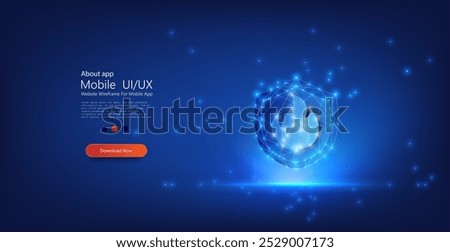 Futuristic glowing flame symbol in a shield, representing fire protection and safety, made of polygonal lines and dots on a blue background. Vector illustration