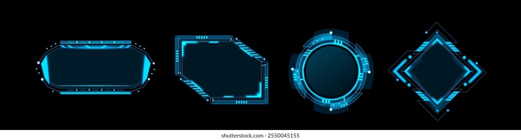 Quadros brilhantes futuristas em azul neon definidos no fundo escuro. Projetos de tecnologia geométrica de forma oval, polígono assimétrico, redonda e losango para elementos de interface de jogo cyberpunk ou gráficos sci fi.