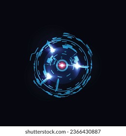 Futuristic glowing game frame. Vector digital round border simulator on dark background. Virtual electronic target screen or aim control panel. Radar or scanner display. High tech technology