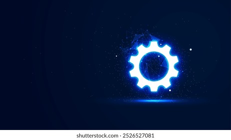 A futuristic glowing gear setting with plexus lines and glitter particles. Setup and maintenance illustration concept in the neon light style. Digital technology illustration