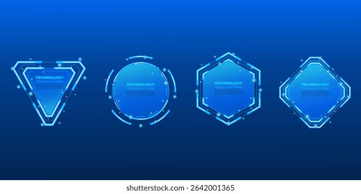 Futuristic Glowing Geometric HUD Frames and Neon Portals with Text for Cyberpunk Game UX Design. Cyberpunk set with futuristic technology. Hexagonal frame, circular, square