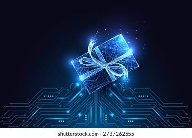 Futuristic glowing gift box on a digital board, symbolizing AI surprises, tech rewards, or digital economy concepts. Cyber neon blue vector with present and virtual gift theme.