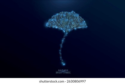 Folha de ginkgo brilhante futurista feita de linhas de néon e partículas de luz, assemelhando-se a uma constelação ou holograma mágico em um fundo azul profundo.