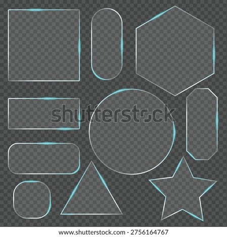 Futuristic glowing glass frames set abstract UI shapes transparent neon borders 