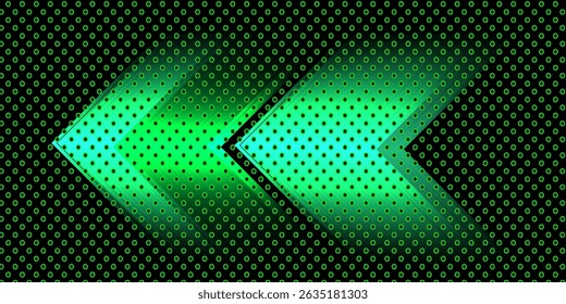 Futuristic glowing green arrow design with halftone dots on a black background, abstract digital style with motion blur effect.