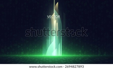 Futuristic glowing green light pillars rising from dark digital surface. Abstract sci-fi composition with vertical beams, geometric shapes and holographic shine for modern technology backgrounds.
