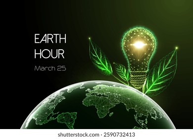 Futuristic glowing green lightbulb sprouting from Earth with leaves, symbolizing energy conservation and sustainability for Earth Hour. Futuristic web banner template. Abstract vector illustration. 