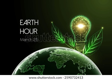 Futuristic glowing green lightbulb sprouting from Earth with leaves, symbolizing energy conservation and sustainability for Earth Hour. Futuristic web banner template. Abstract vector illustration. 
