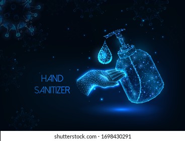 Futuristic glowing hand sanitizing concept with alcohol gel bottle, liquid drop and human hand isolated on dark blue background. Coronavirus prevention. Modern wire frame design vector illustration.