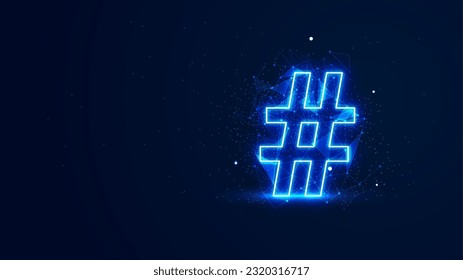 Futuristic glowing hashtag symbol with plexus lines and glitter particles. A hashtag in the neon light style. 3D abstract copy space in the night concept. Digital technology background