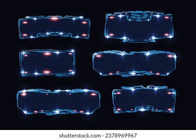 Futuristic glowing High tech technology frames vector set. Abstract rectangular shape borders, information call bars. Digital Hud game target boards, sci fi empty control banners for interface