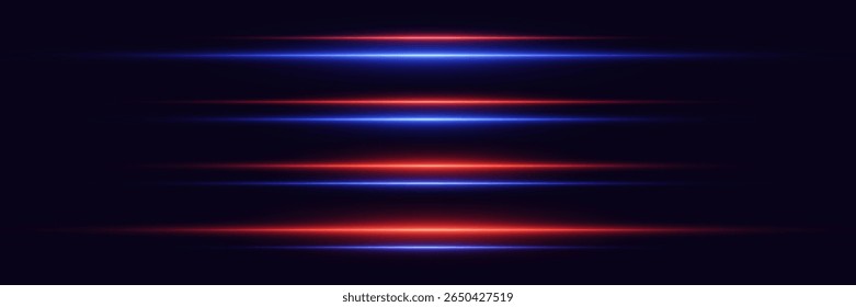 Futuristic glowing horizontal lines of neon light reflection.