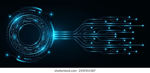 Futurista brilhante hud círculo com placa de circuito AI e detalhes eletrônicos no fundo escuro. Elementos técnicos para design de interface de usuário e interface gráfica. Ilustração vetorial. EPS 10