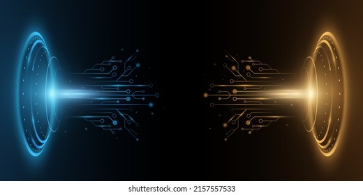 Futuristic glowing HUD circle with computer circuit board pattern. Light energy. Sci fi elements. Electro light effect. Cyber space. Digital technology background. Vector illustration. EPS 10