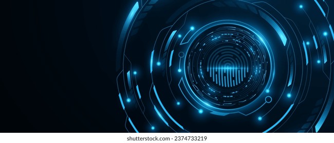 Futuristic glowing HUD circle with digital fingerprint. Biometric data background. Sci-fi graphic element. GUI and UI design. Vector illustration. EPS 10.