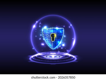 Futuristic glowing HUD of hologram padlock with keyhole-shield icon in personal data security. Cyber safety data or information privacy. Abstract holographic background