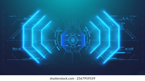 Futuristic glowing HUD interface with neon bars, circular shapes, and digital data elements on a dark background. Perfect for sci-fi, gaming, or advanced tech designs. Vector illustration