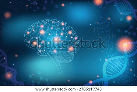Futuristic glowing human brain with DNA strands and neural connections on blue background, concept of neuroscience, genetics, artificial intelligence, and biotechnology.